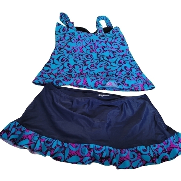 Mazu Bikini Top And Single Ruffle Swim Skirt With Under Ware  Navy Blue Sz 8 - Picture 3 of 3